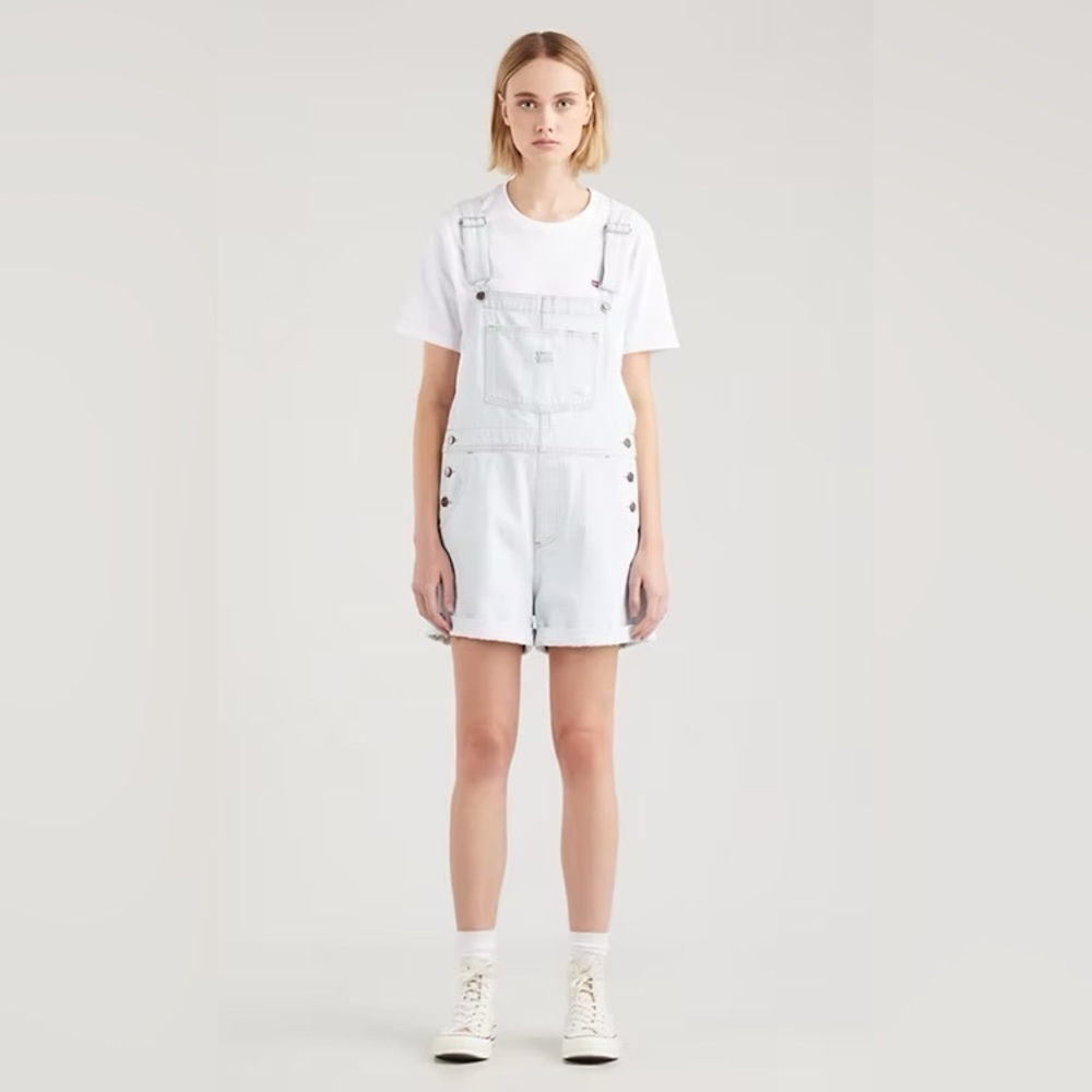 LEVI’S Vintage Style Denim Shortall NWT Stripey Blue Overall Shorts - Picture 6 of 9